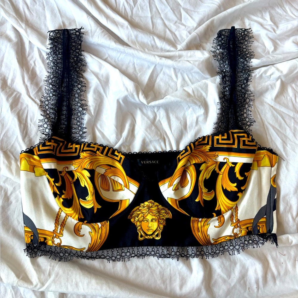 Versace Silk Black and Gold Medusa Bralette with Lace Straps Size 44